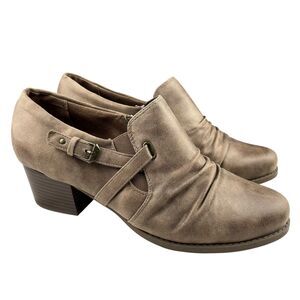 Yuu Women’s Ankle Booties Size 10W Brown Faux Leather Low Heel Slip-On Buckle